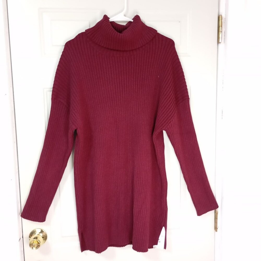 Lillusory Womens Ribbed Turtleneck Sweater Tunic M Burgundy